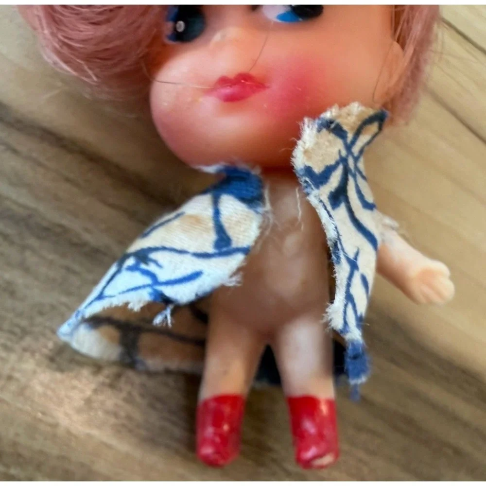 Vintage 1960s 70s Mini Doll Keychain Liddle Kiddle Style Pink Hair Red Boots